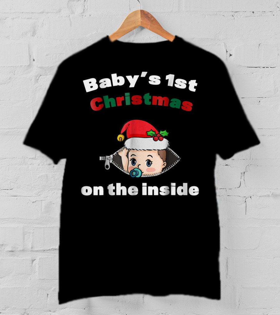 Baby's 1st Christmas On The Inside Mom To Be Santa Hat Zipper T-Shirt