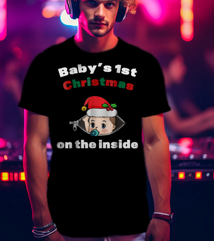 Baby's 1st Christmas On The Inside Mom To Be Santa Hat Zipper T-Shirt