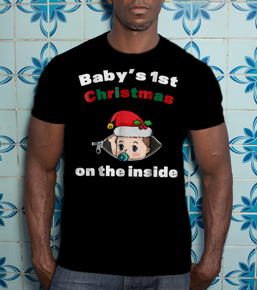 Baby's 1st Christmas On The Inside Mom To Be Santa Hat Zipper T-Shirt