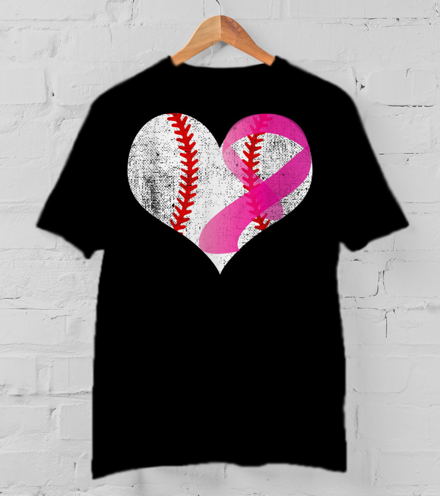 Baseball Heart Pink Ribbon Breast Cancer Awareness Mom81 T-Shirt