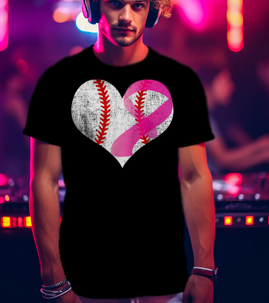 Baseball Heart Pink Ribbon Breast Cancer Awareness Mom81 T-Shirt