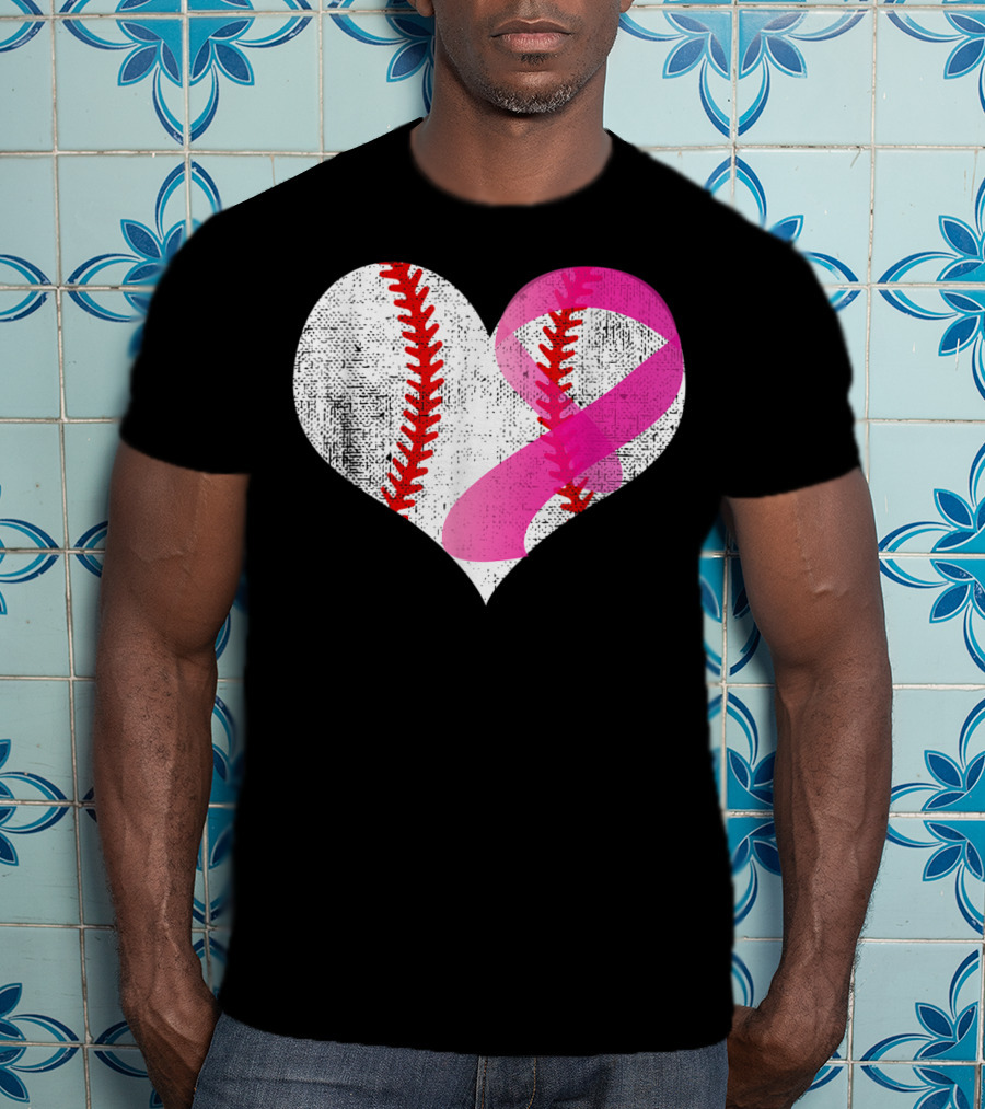 Baseball Heart Pink Ribbon Breast Cancer Awareness Mom81 T-Shirt
