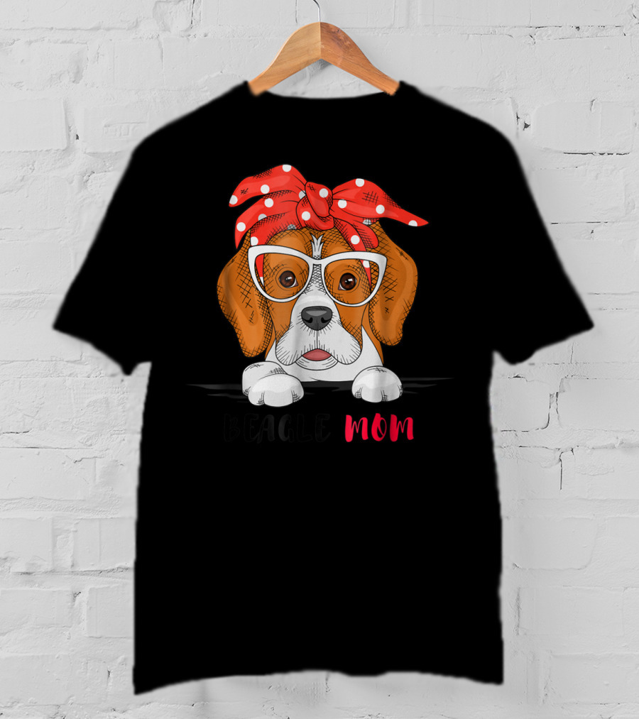 Beagle Mom With Glasses And Red Bow T-Shirt