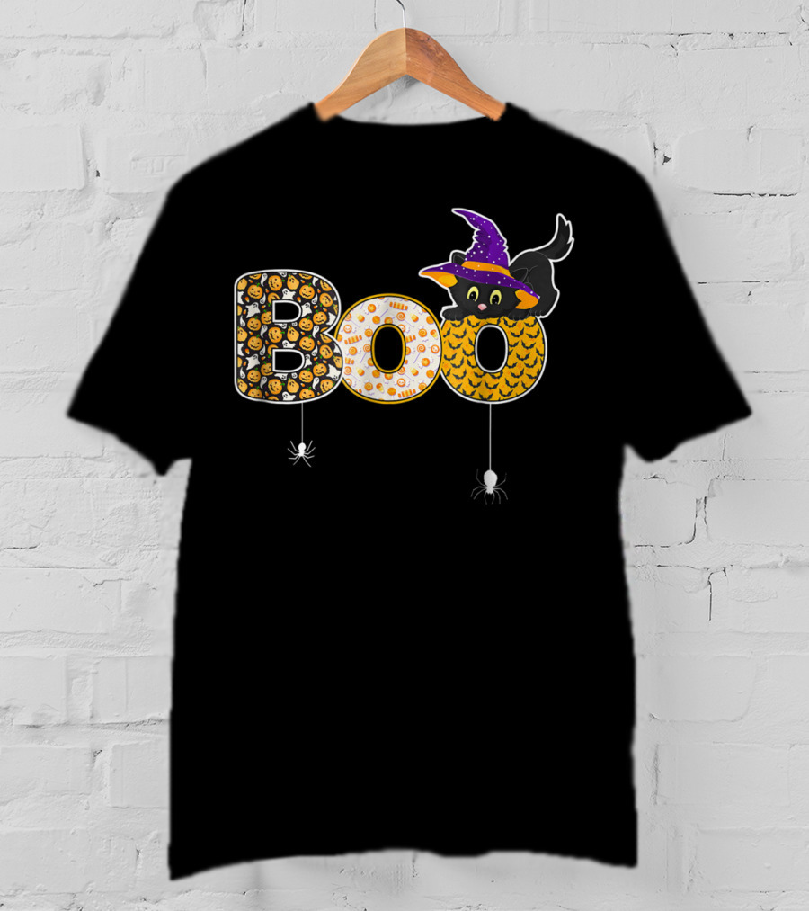 Boo Halloween Cat Mom Cute25 Black Cat Witch Hat Spiders T-Shirt