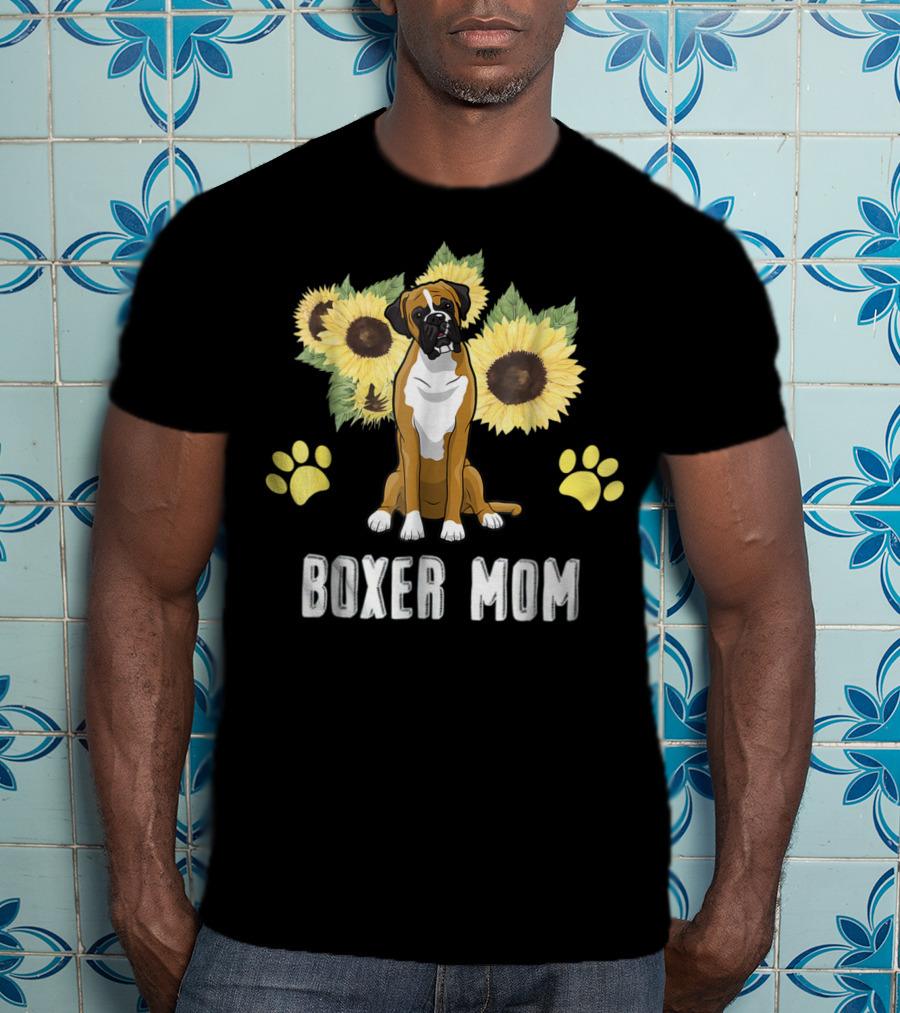Boxer Mom Sunflowers Paw Prints T-Shirt