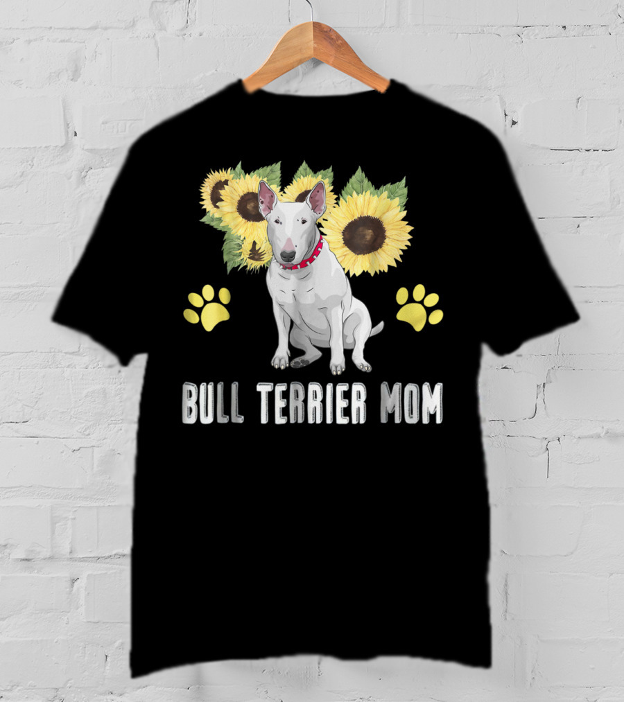 Bull Terrier Mom With Sunflowers And Paw Prints T-Shirt