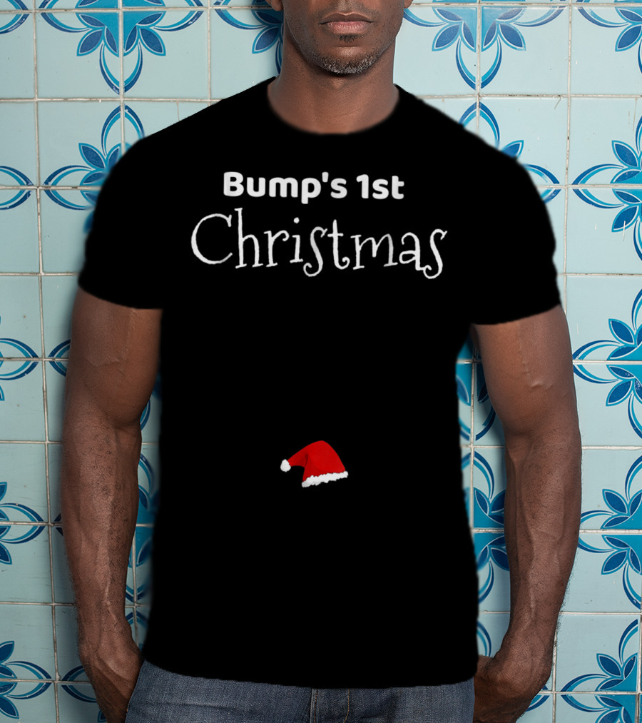 Bump's 1st Christmas Fun Pregnancy Reveal New Mom Holiday Santa Hat T-Shirt