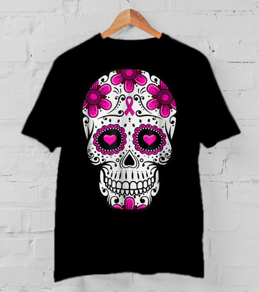 Breast Cancer Awareness Skull Pink Ribbon Mom Wife Floral T-Shirt