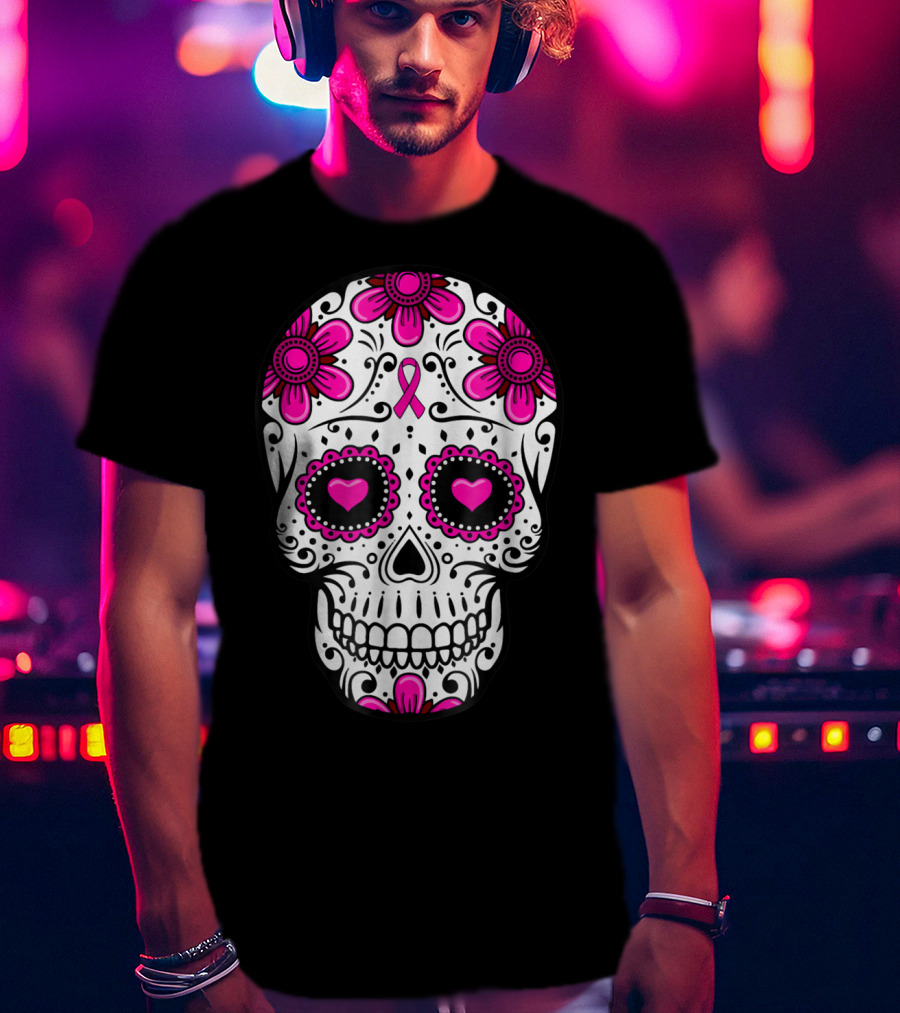 Breast Cancer Awareness Skull Pink Ribbon Mom Wife Floral T-Shirt