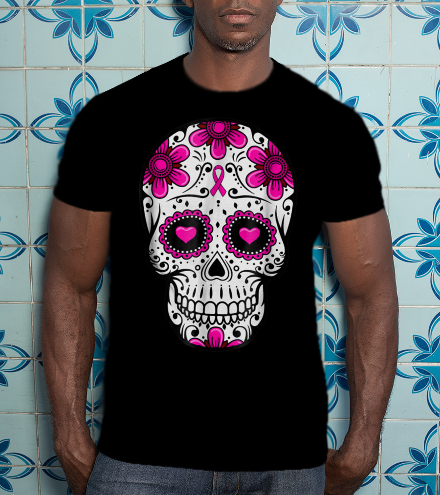 Breast Cancer Awareness Skull Pink Ribbon Mom Wife Floral T-Shirt