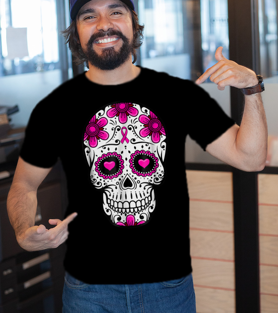 Breast Cancer Awareness Skull Pink Ribbon Mom Wife Floral T-Shirt