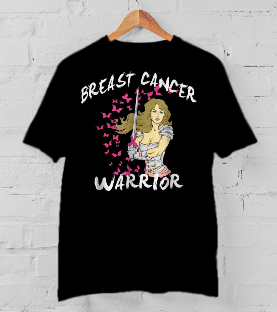 Breast Cancer Warrior Mom Knight With Ribbon Sword And Butterflies T-Shirt