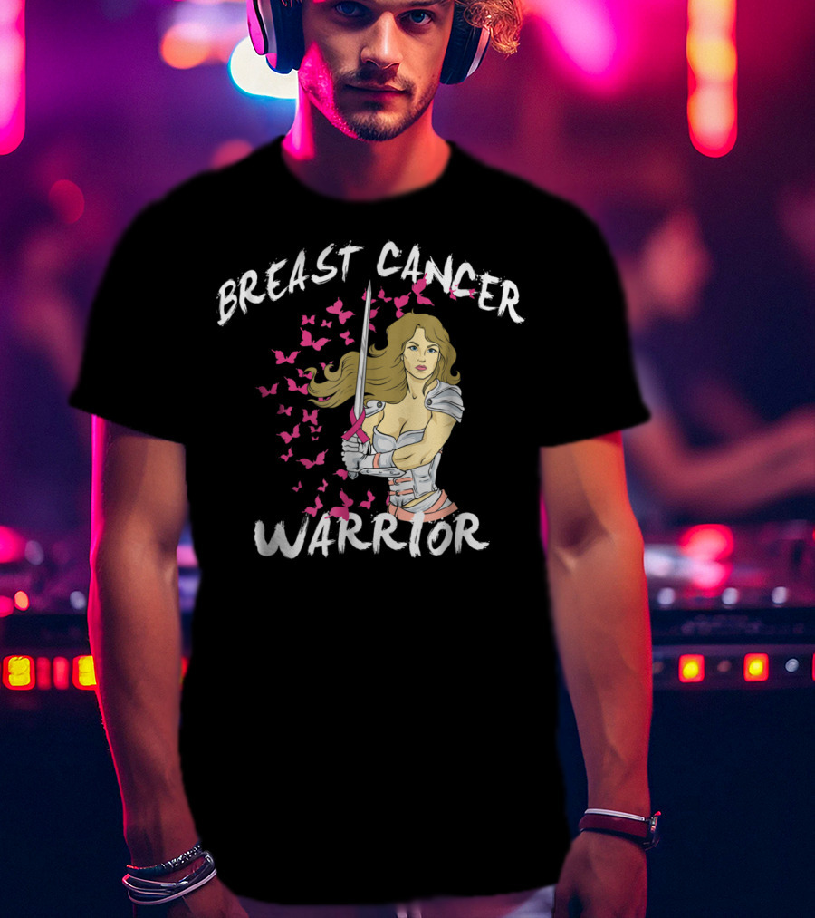 Breast Cancer Warrior Mom Knight With Ribbon Sword And Butterflies T-Shirt