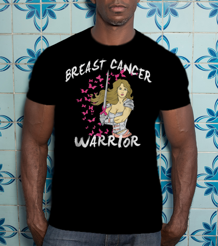 Breast Cancer Warrior Mom Knight With Ribbon Sword And Butterflies T-Shirt