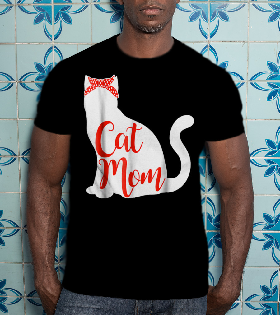 Cat Mom Cute Cat Owner Lover With Red Bow T-Shirt