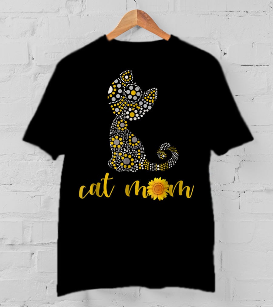 Cat Mom Sunflower Dot Art Funny Cat Lover 90 T-Shirt
