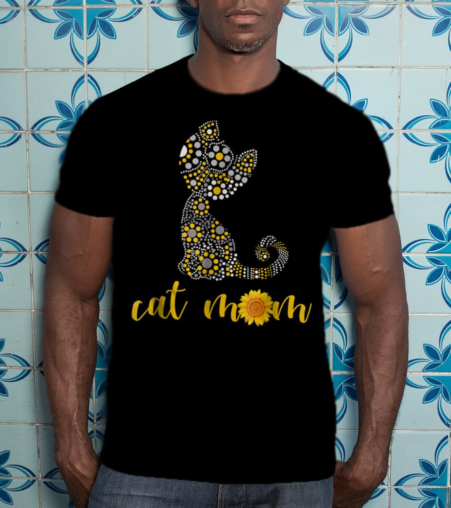 Cat Mom Sunflower Dot Art Funny Cat Lover 90 T-Shirt