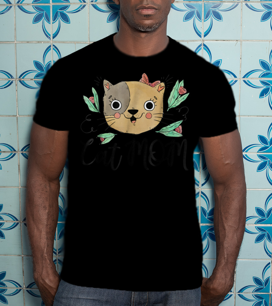Cat Mom Perfect Cat Lady Kittie Lover With Flowers And Whimsical Cat Face T-Shirt