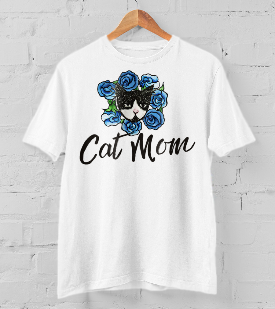 Cat Mom Floral Tuxedo Cat Blue Roses T-Shirt