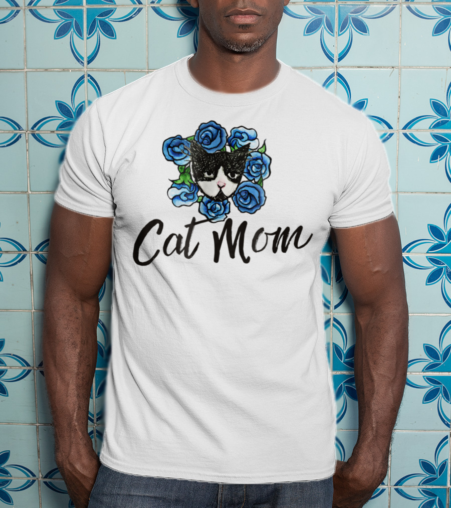 Cat Mom Floral Tuxedo Cat Blue Roses T-Shirt