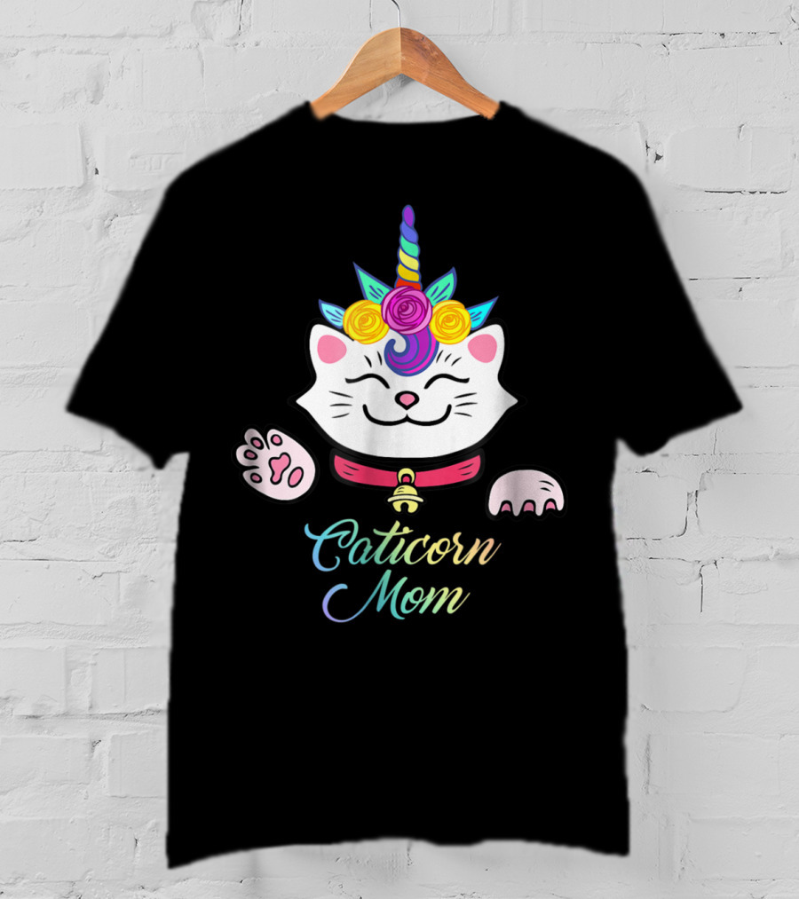 Caticorn Mom Cute Kitten Rainbow Unicorn Cat With Flowers T-Shirt