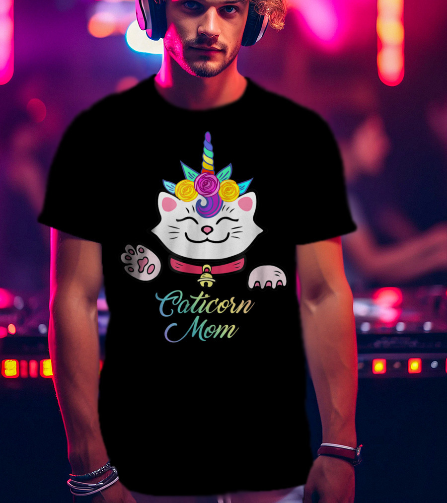 Caticorn Mom Cute Kitten Rainbow Unicorn Cat With Flowers T-Shirt