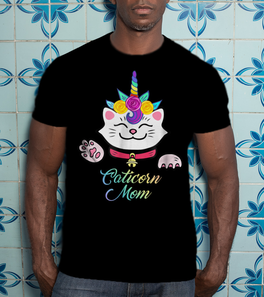 Caticorn Mom Cute Kitten Rainbow Unicorn Cat With Flowers T-Shirt