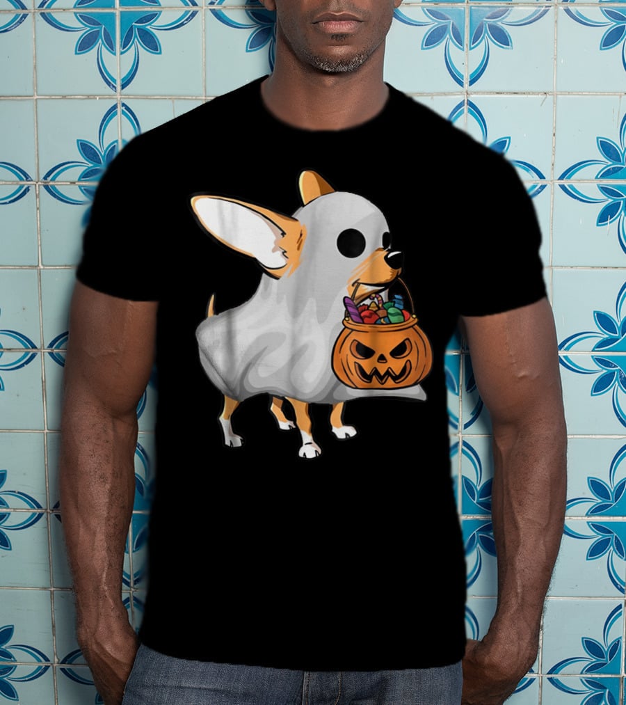 Ghost Chihuahua Trick-or-Treat Pumpkin Basket T-Shirt