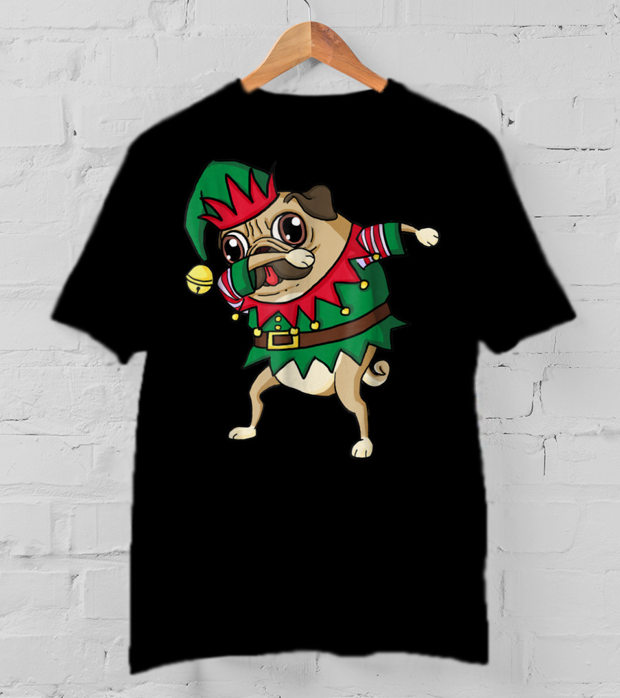 Christmas Dabbing Pug Dog Elf Costume With Festive Hat And Green Red T-Shirt