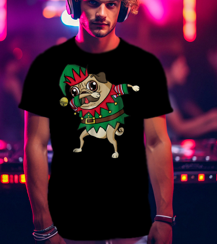 Christmas Dabbing Pug Dog Elf Costume With Festive Hat And Green Red T-Shirt