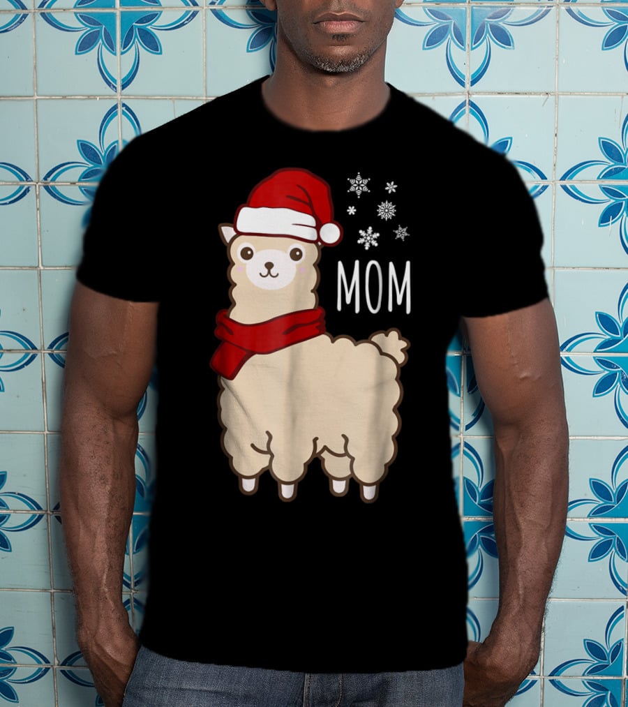 Christmas Mom Llama Cria Herd Xmas Mother Santa Hat Snowflakes T-Shirt