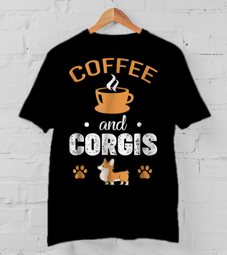 Coffee And Corgis Cute Welsh Corgi With Paw Prints And Coffee Cup T-Shirt