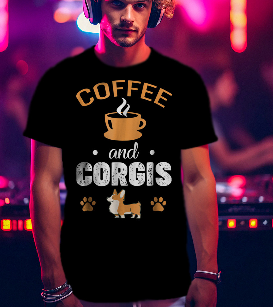 Coffee And Corgis Cute Welsh Corgi With Paw Prints And Coffee Cup T-Shirt