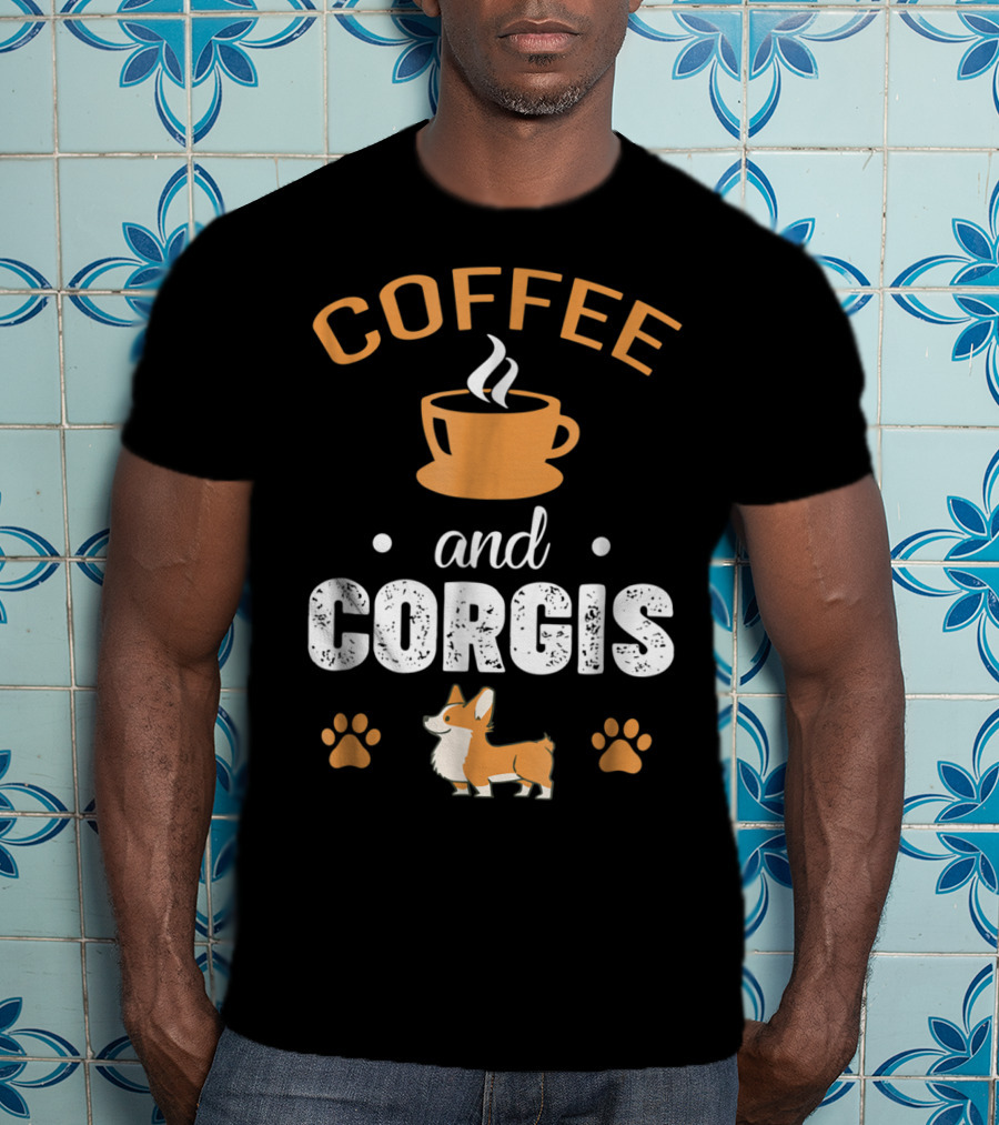 Coffee And Corgis Cute Welsh Corgi With Paw Prints And Coffee Cup T-Shirt