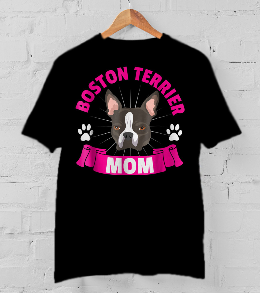 Boston Terrier Mom Cute Dog Face Paw Print Charm T-Shirt