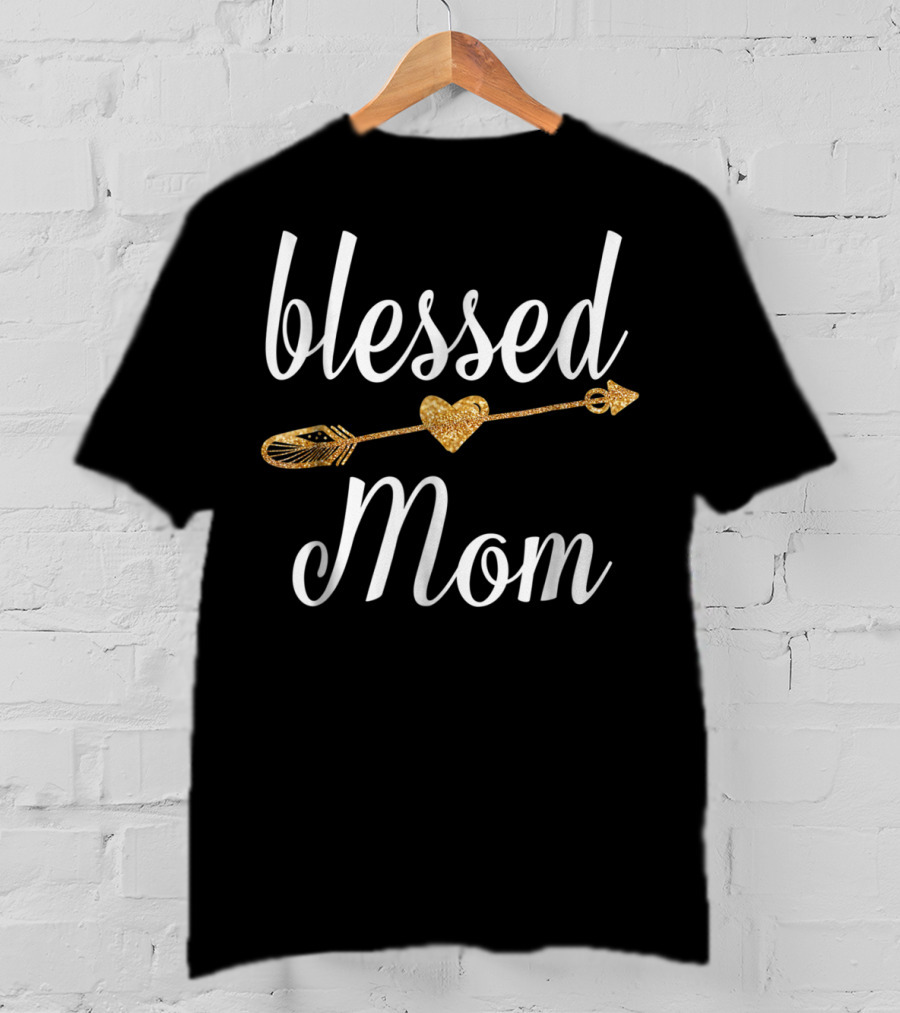 Blessed Mom Gold Heart Arrow T-Shirt