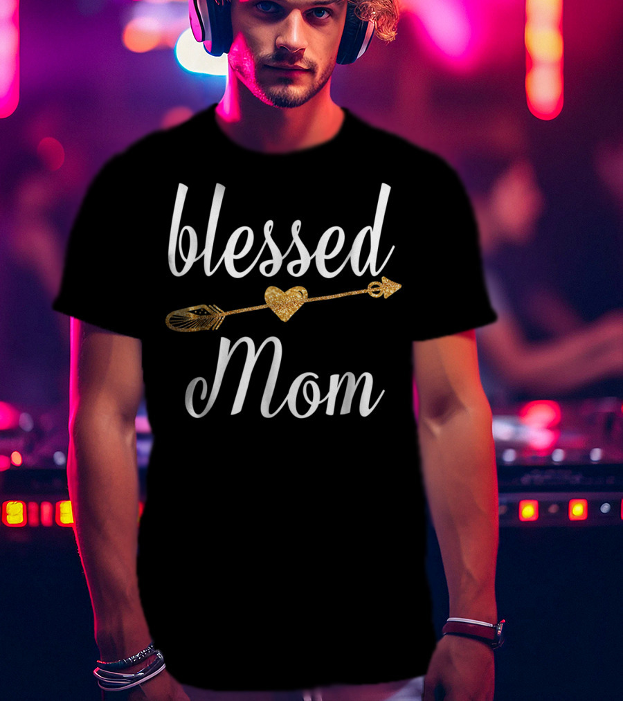 Blessed Mom Gold Heart Arrow T-Shirt