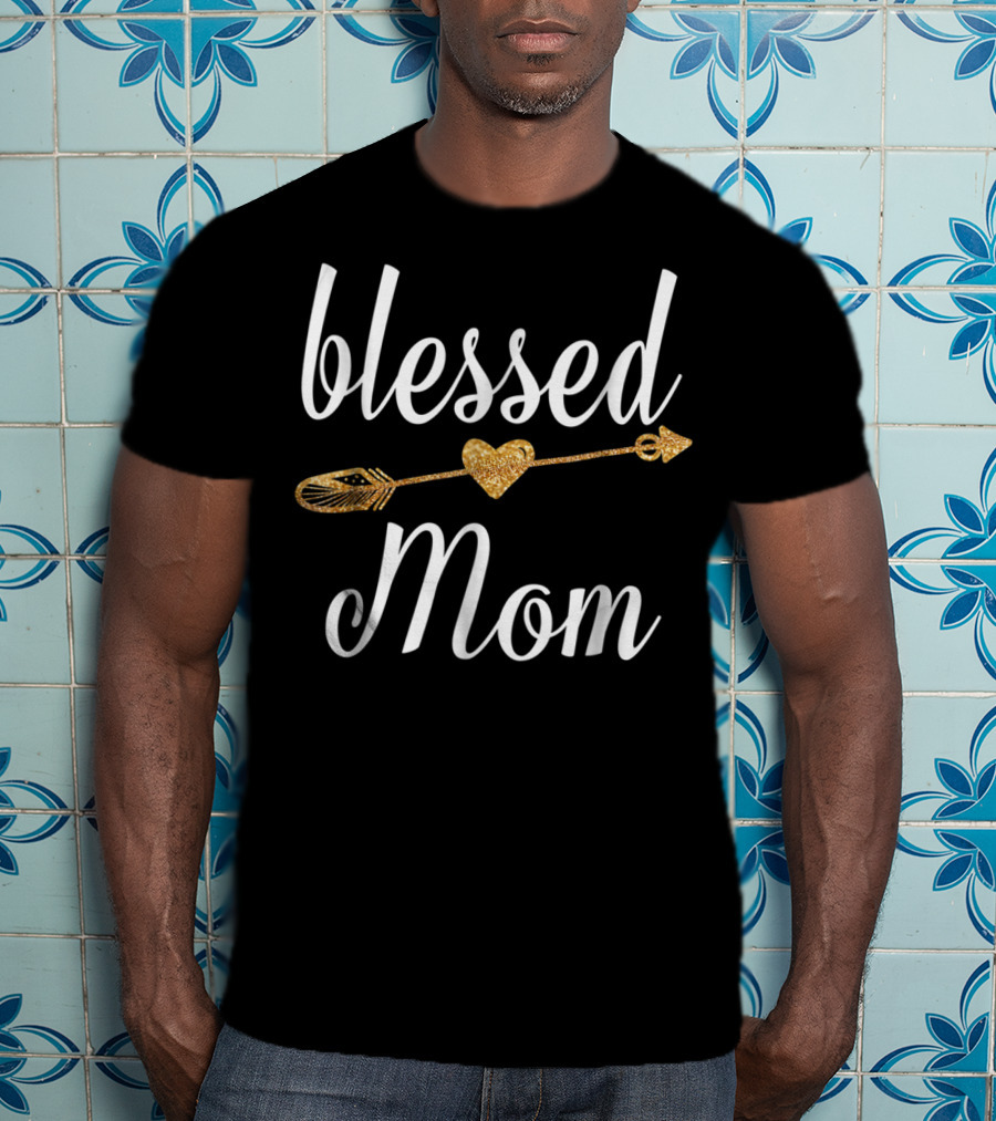 Blessed Mom Gold Heart Arrow T-Shirt