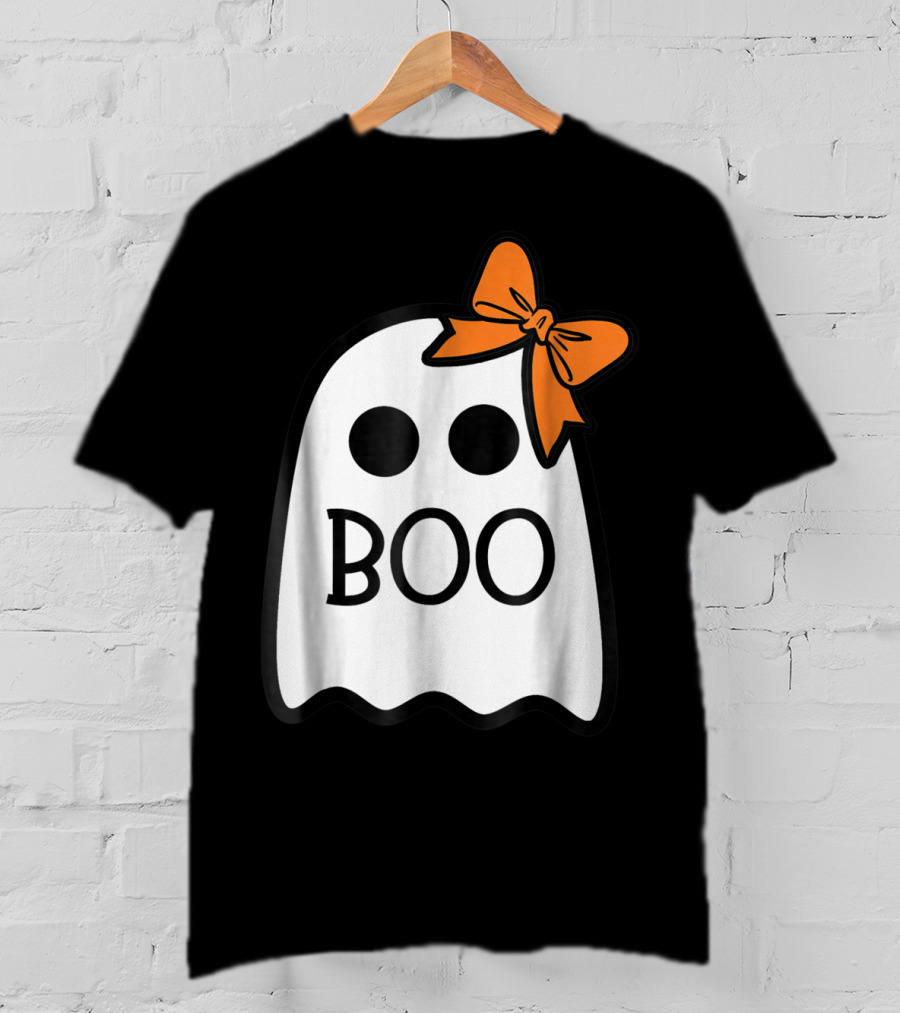 Cute Ghost Boo With Orange Bow For Halloween T-Shirt