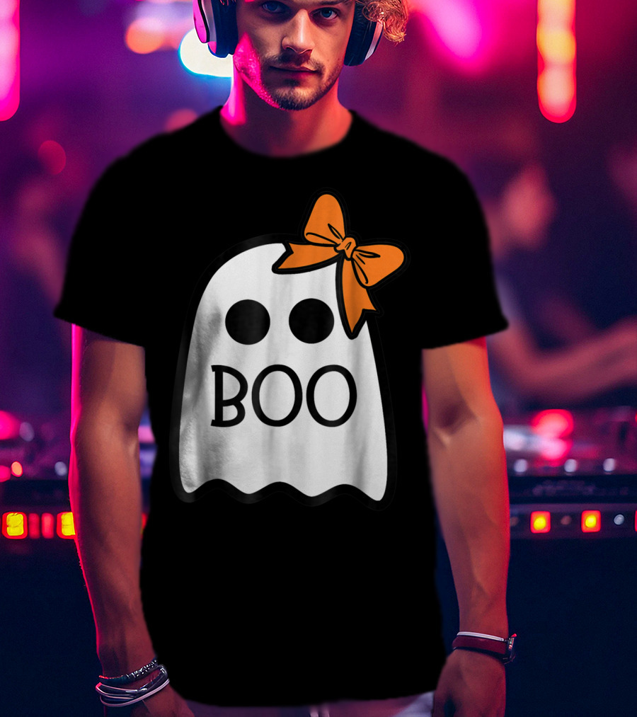 Cute Ghost Boo With Orange Bow For Halloween T-Shirt