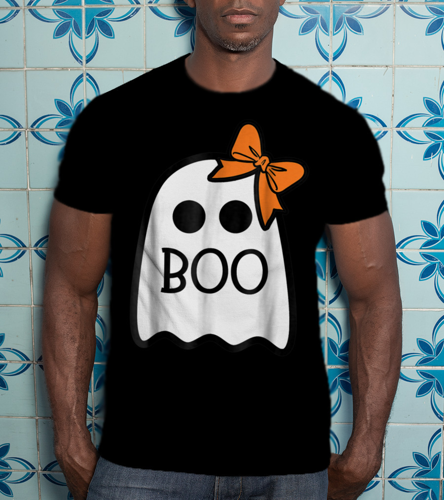 Cute Ghost Boo With Orange Bow For Halloween T-Shirt