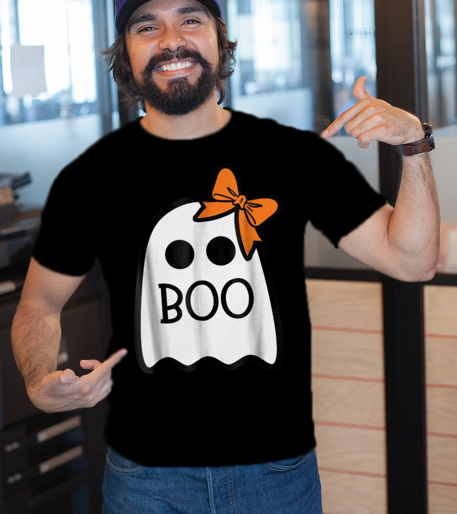 Cute Ghost Boo With Orange Bow For Halloween T-Shirt