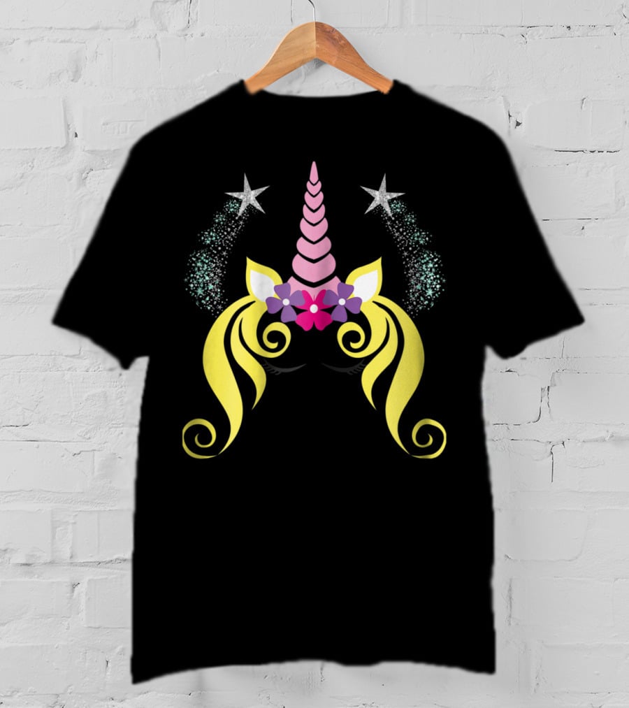Floral Unicorn Face With Sparkling Stars Birthday T-Shirt