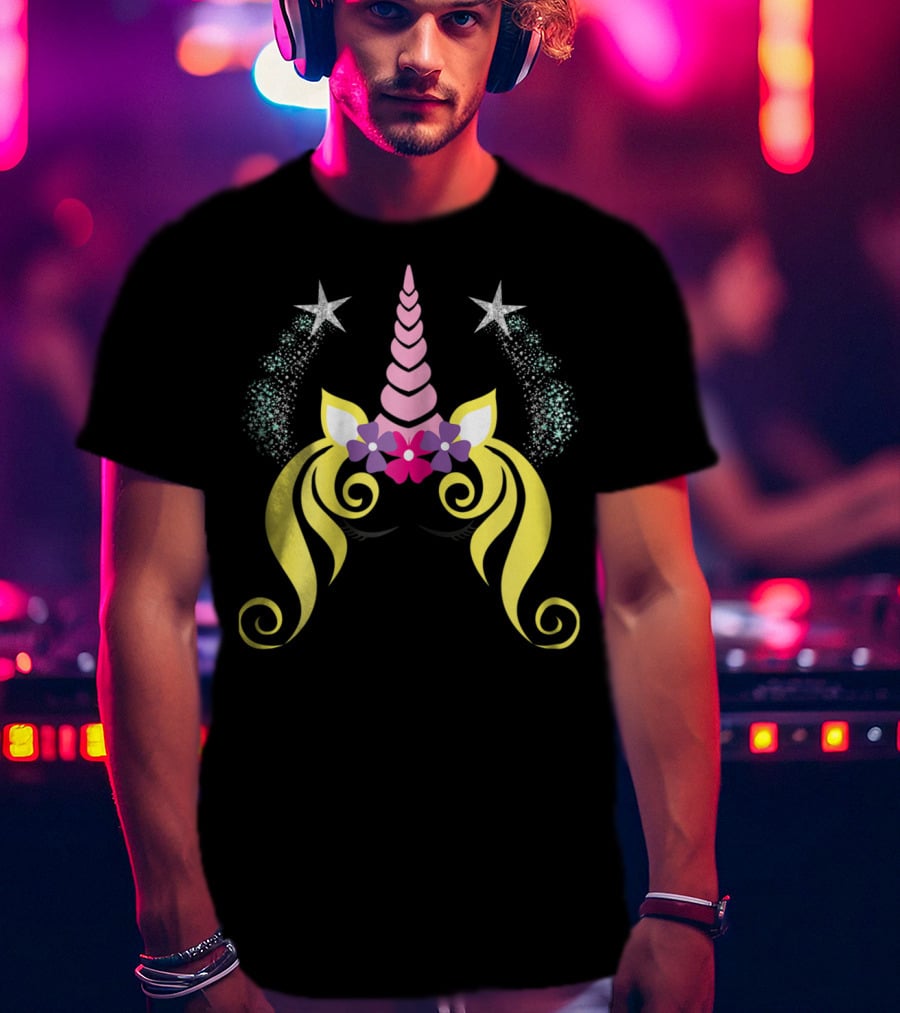 Floral Unicorn Face With Sparkling Stars Birthday T-Shirt