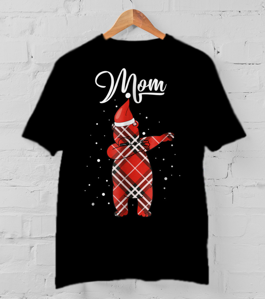 Mom Red Plaid Bear Dabbing Christmas T-Shirt