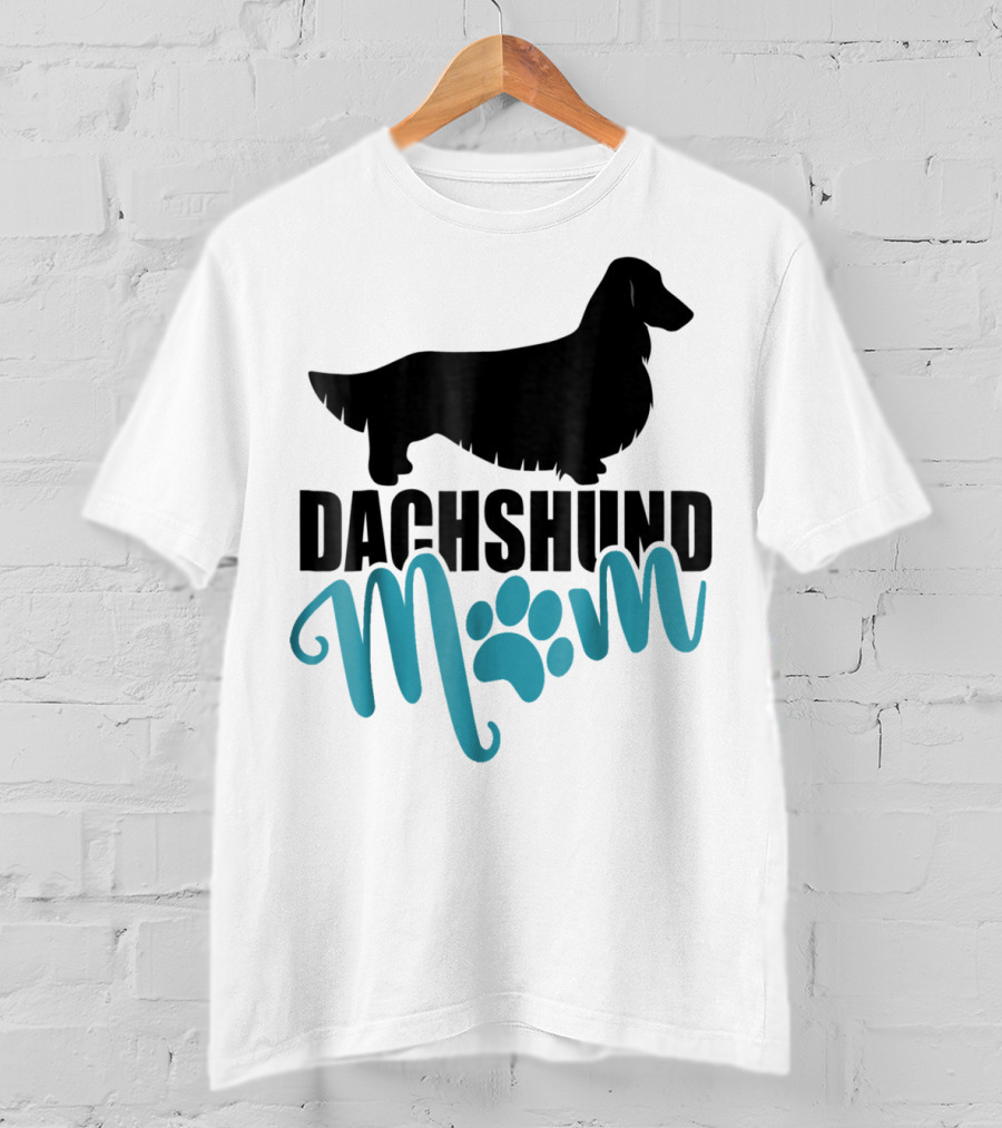 Dachshund Mom Longhair Silhouette With Blue Pawprint Accent T-Shirt
