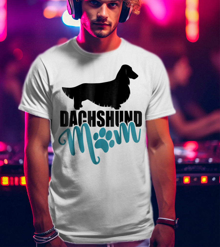 Dachshund Mom Longhair Silhouette With Blue Pawprint Accent T-Shirt
