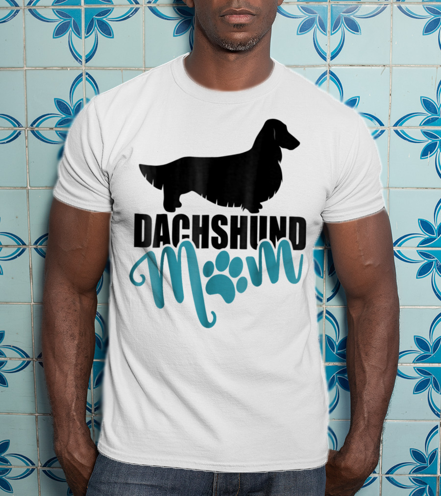 Dachshund Mom Longhair Silhouette With Blue Pawprint Accent T-Shirt