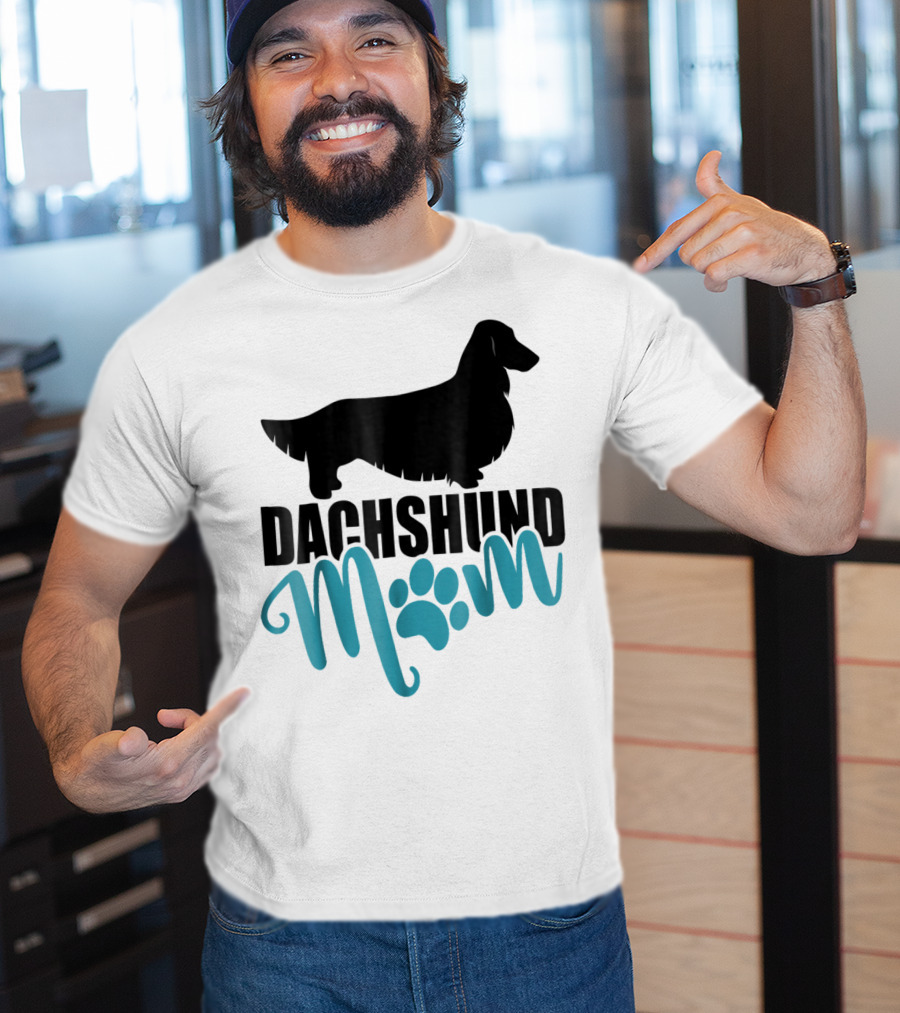 Dachshund Mom Longhair Silhouette With Blue Pawprint Accent T-Shirt