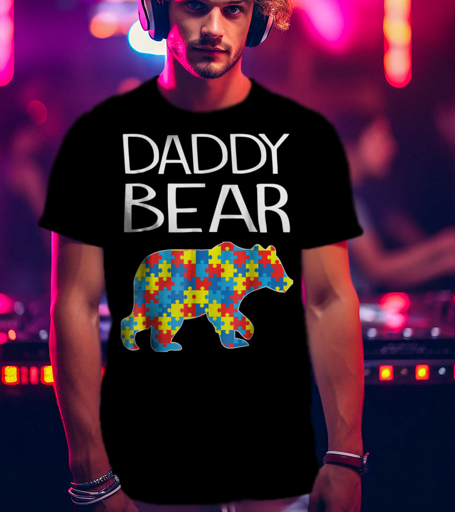 Daddy Bear Autism Puzzle Pattern Child Dad T-Shirt